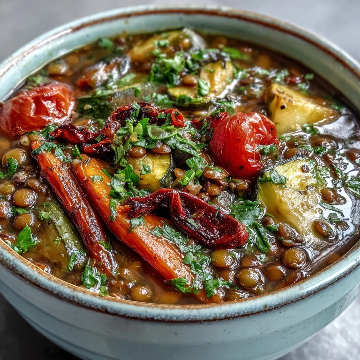 A close-up of warm Lentil and Vegetable Soup, brimming with tender veggies.