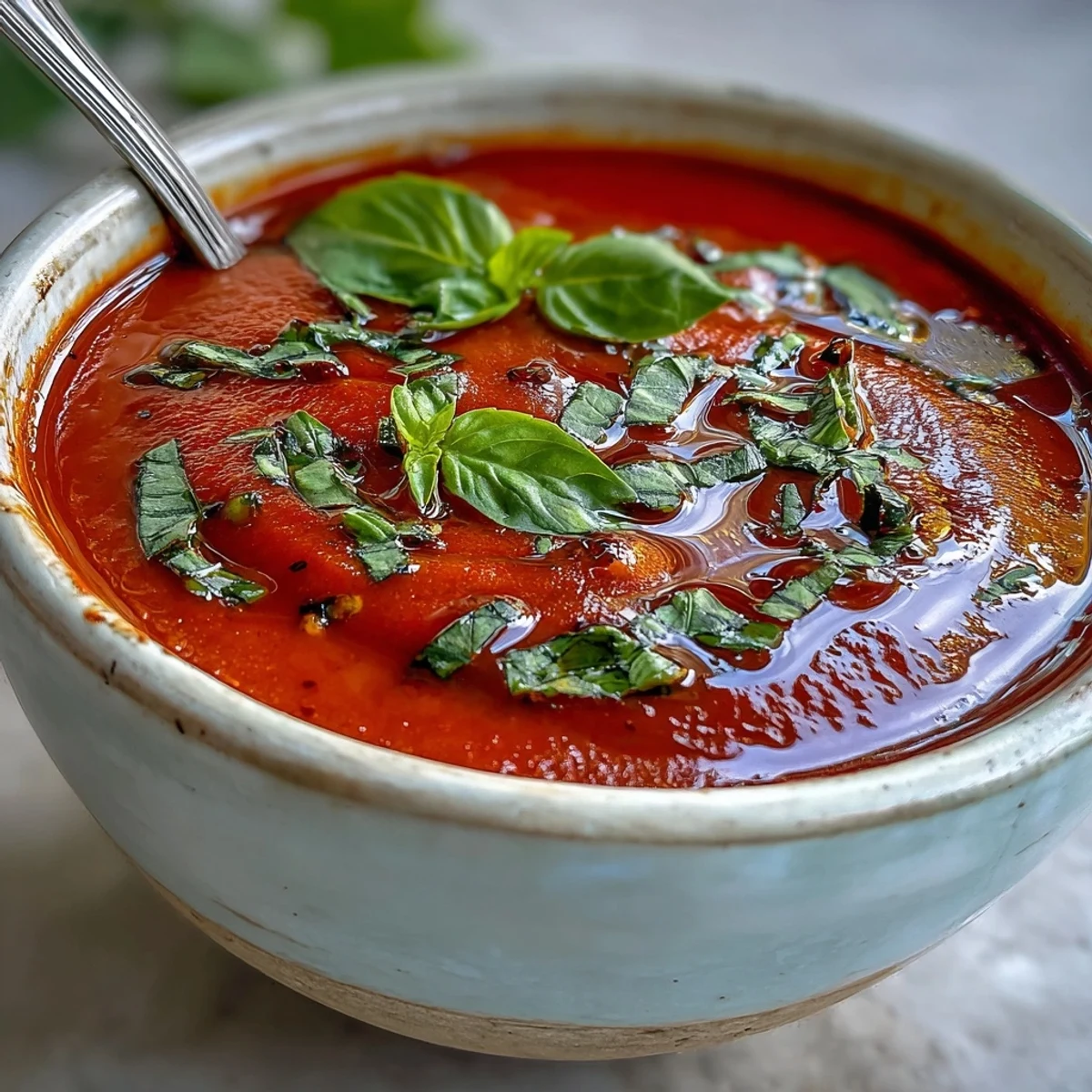 Vibrant tomato and basil soup, smooth and hot, ready for crusty bread.