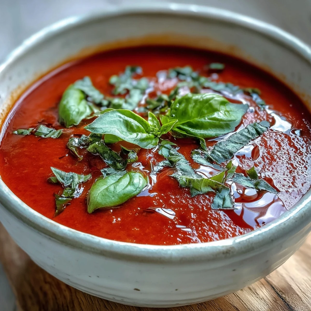 Silky Italian tomato basil soup, gleaming with olive oil and fresh basil.