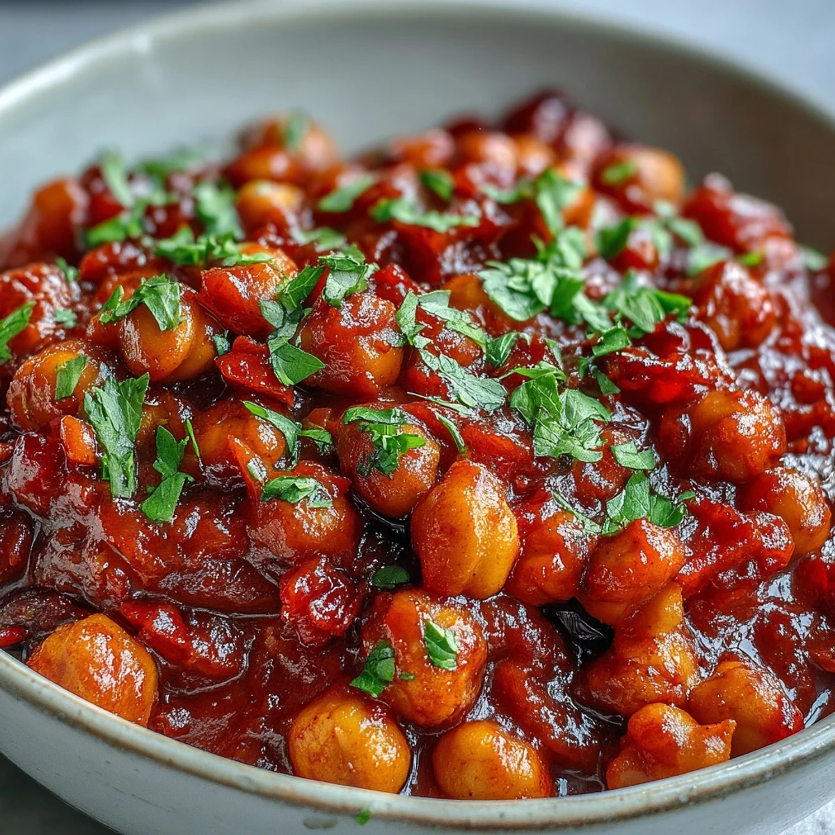 Hearty spicy chickpea stew, brimming with vibrant vegetables and fragrant spices.