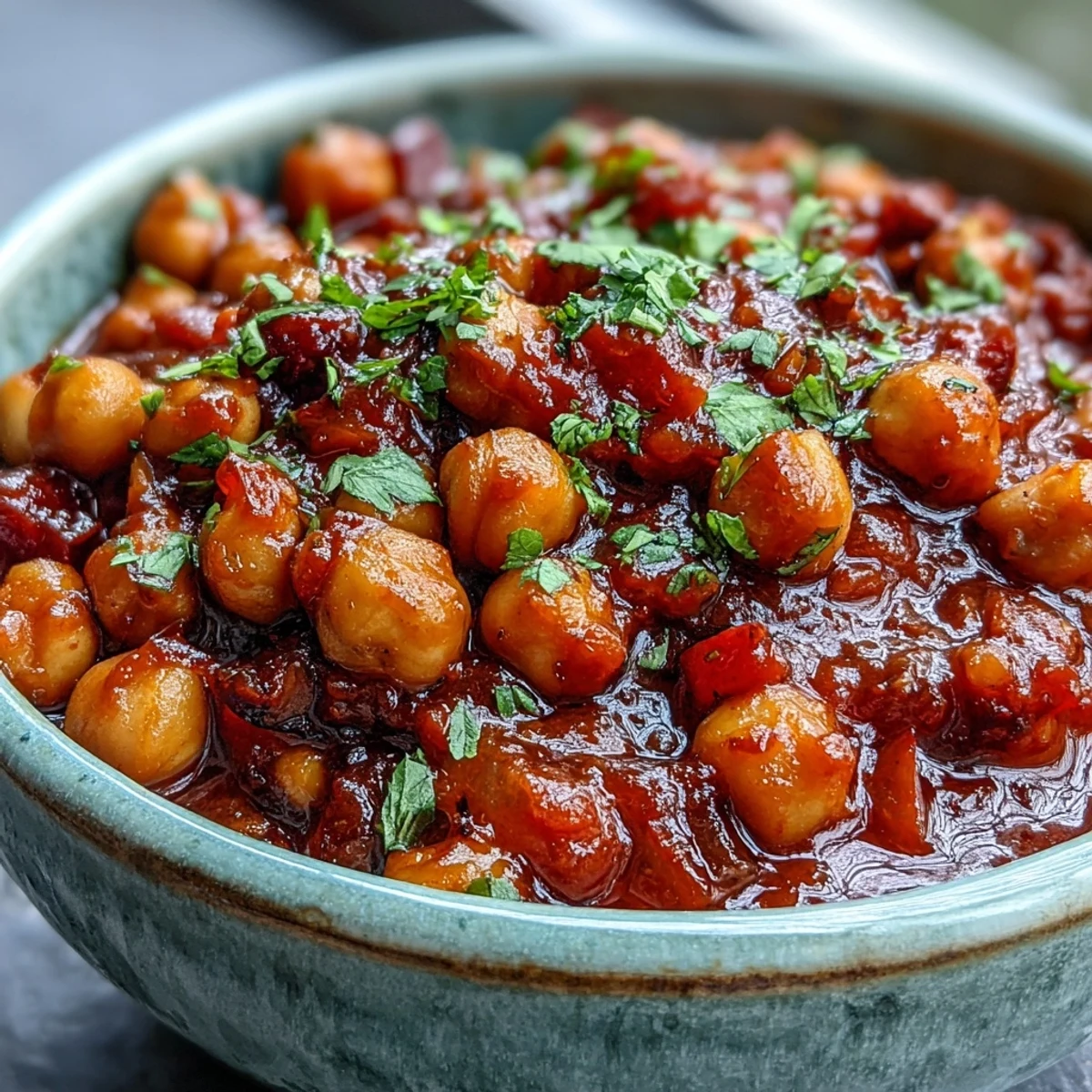 Delicious spicy chickpea stew, showcasing tender chickpeas in a rich, colorful broth.