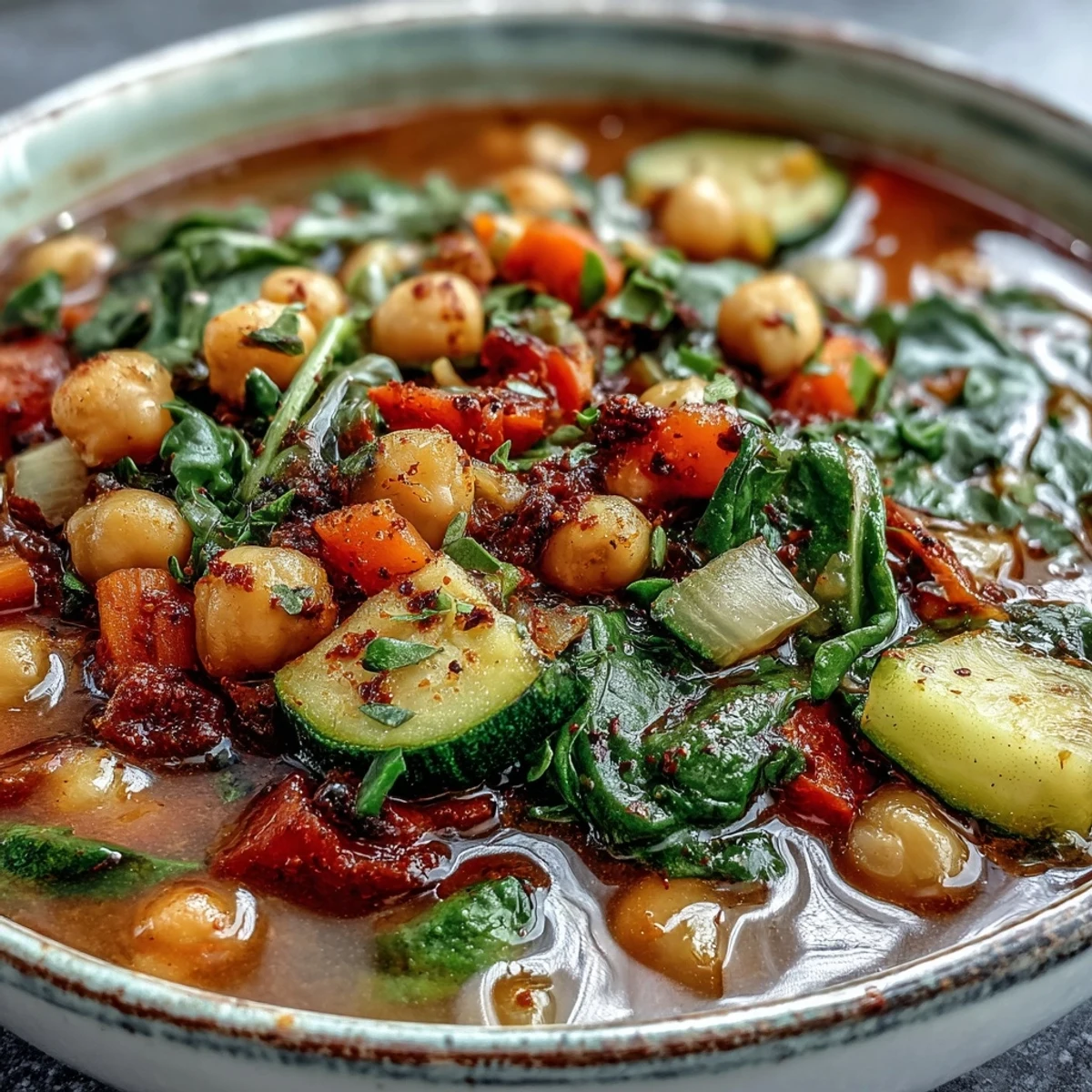 Hearty, colorful chickpea stew brimming with vegetables, perfect for a healthy lunch.