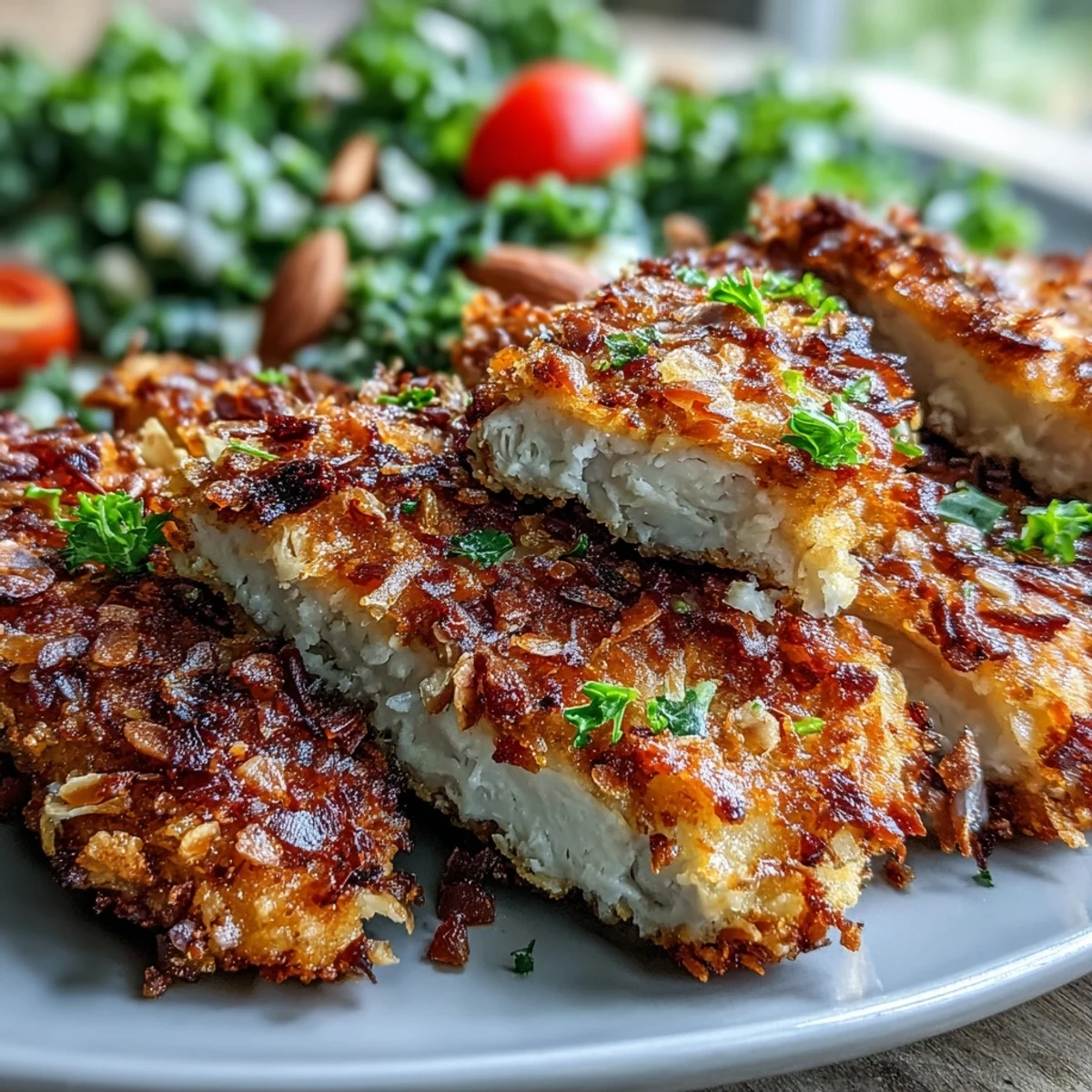Golden, crunchy almond-crusted chicken is plated next to a bowl of freshly massaged kale, sumac, and toasted almond salad.