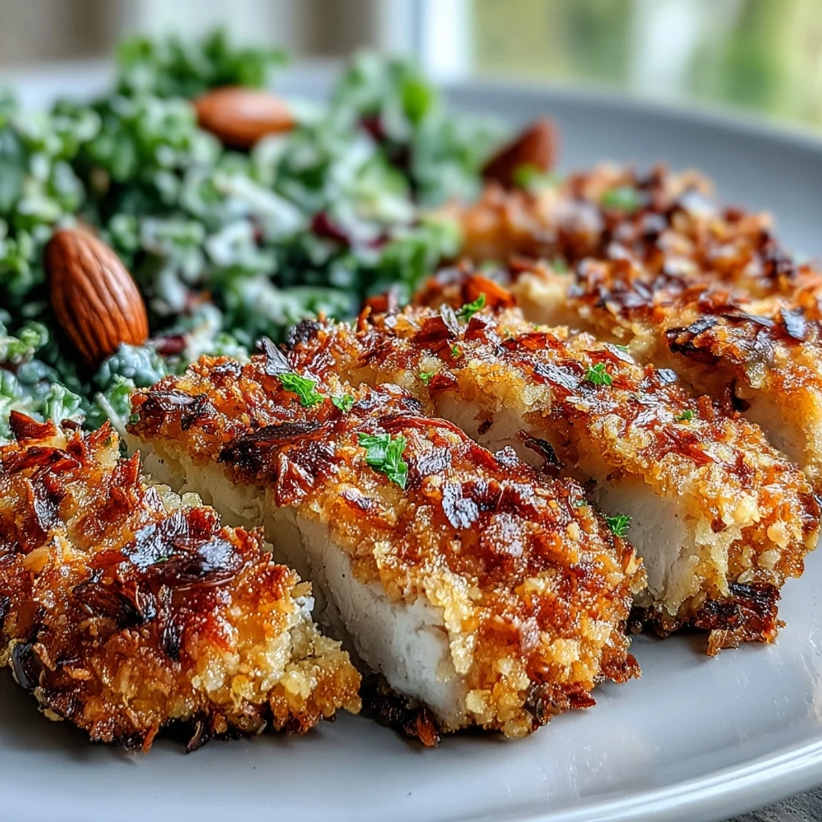 A close-up shows juicy baked almond-crusted chicken served over a bed of marinated kale and sumac salad for a wholesome dinner.
