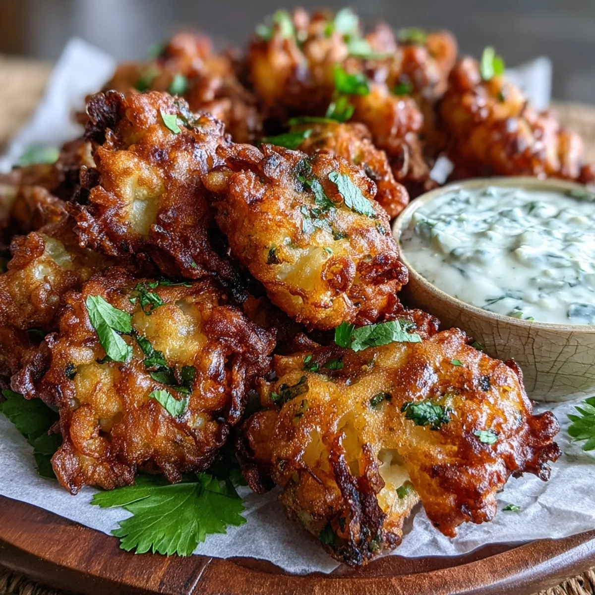 Crispy golden cauliflower bhajis with a spiced chickpea flour batter, served alongside a cool mint yogurt dip for dipping.