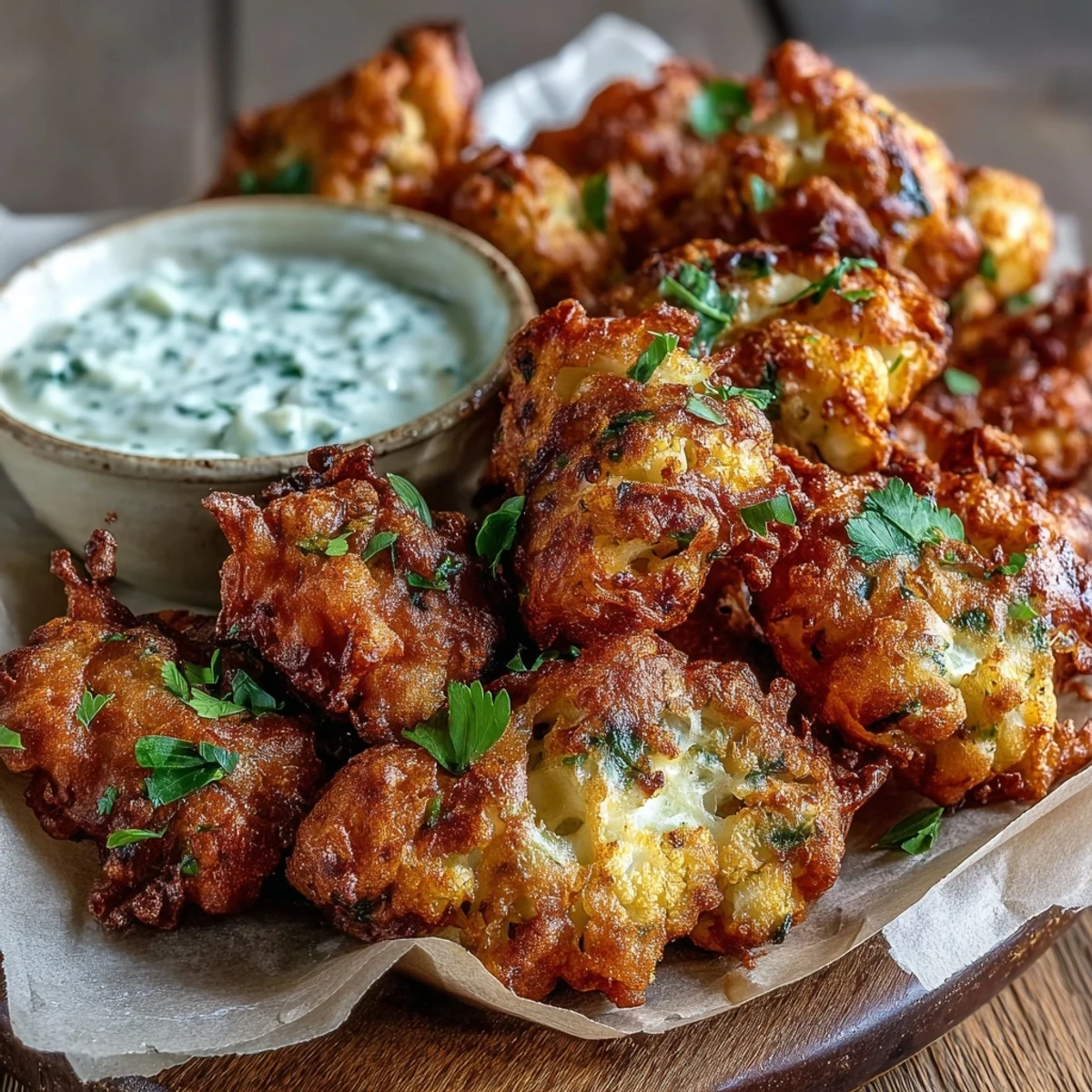 Bite-sized cauliflower bhajis piled on a plate, crispy edges and herbs, with a fresh yogurt dip for a flavorful appetizer.