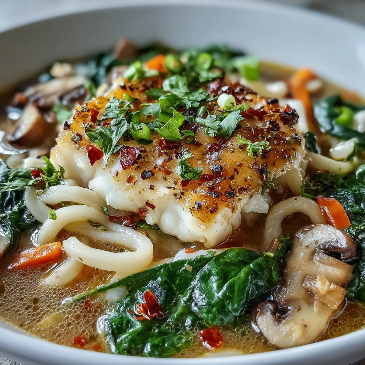 Silky udon noodles rest in a fragrant spiced coconut broth with tender poached cod, garnished with fresh cilantro and julienned carrots.