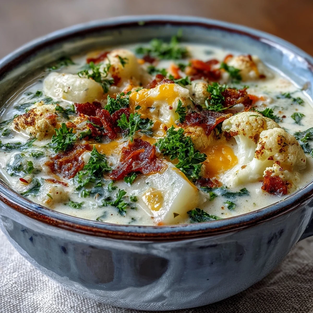 A bowl of creamy Vegetarian Cauliflower Chowder with tender potatoes and carrots, garnished with fresh parsley and melted cheddar cheese.