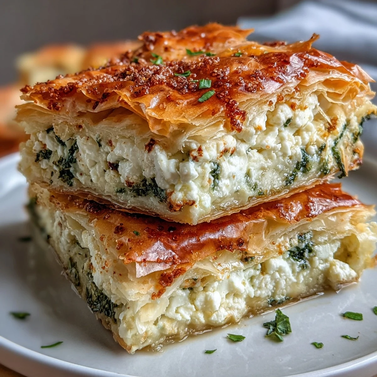 Golden-brown filo pastry layers cradle a savory Feta and Kale Börek, ready to slice and serve warm.