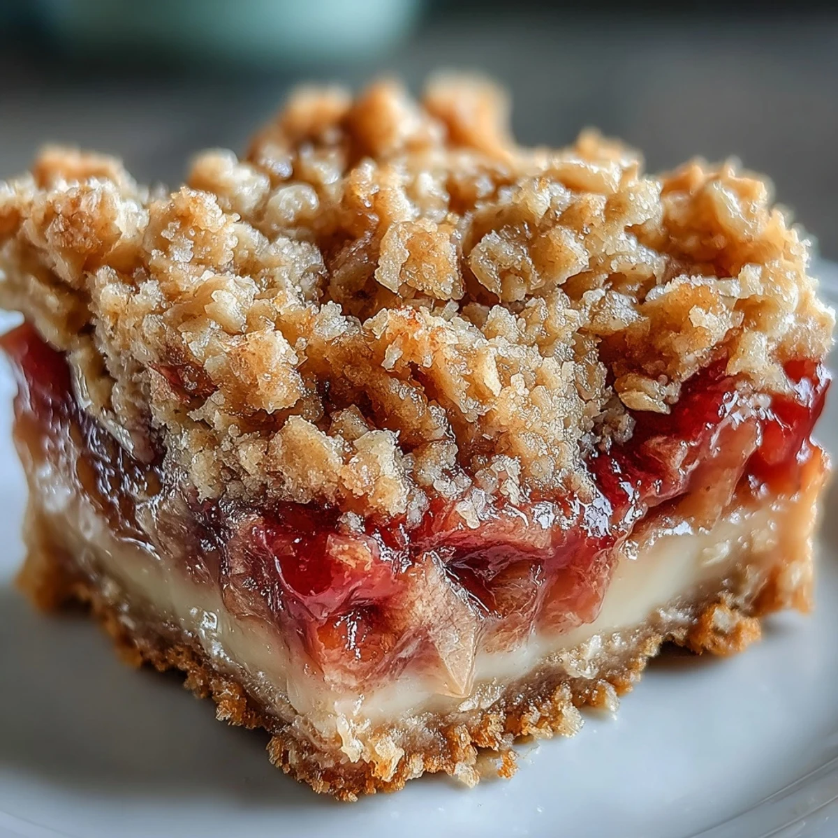 A close-up of Rhubarb and Custard Crumble Bars, revealing pink rhubarb and creamy vanilla custard layers, ready to serve.
