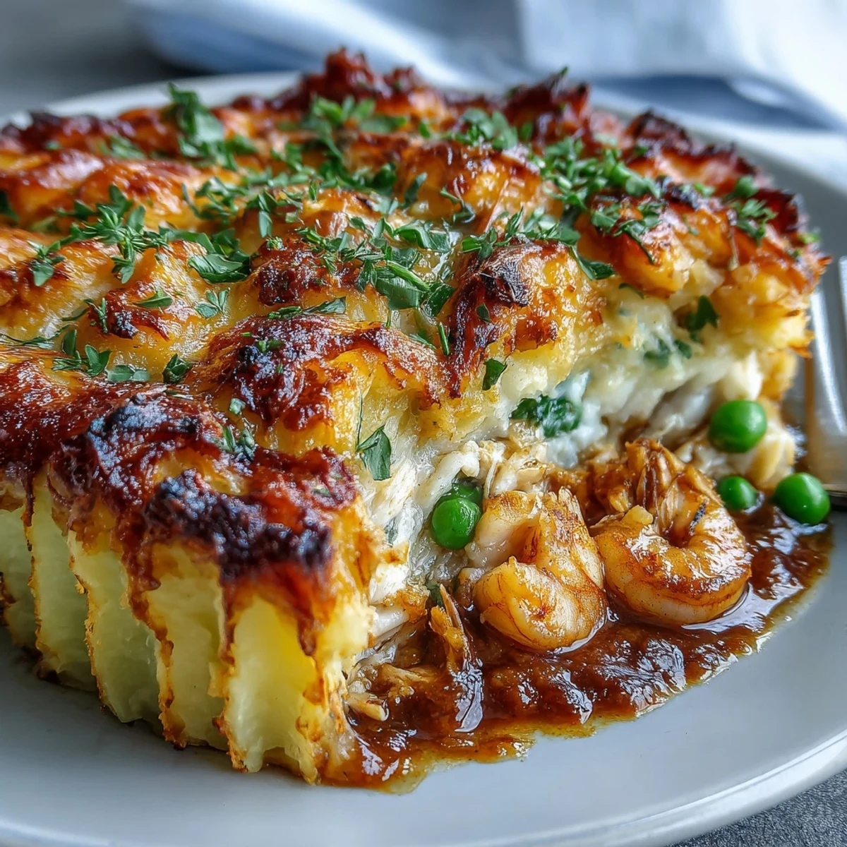 Comforting curried fish pie fresh from the oven, bubbling filling and golden potato crust ready to serve.
