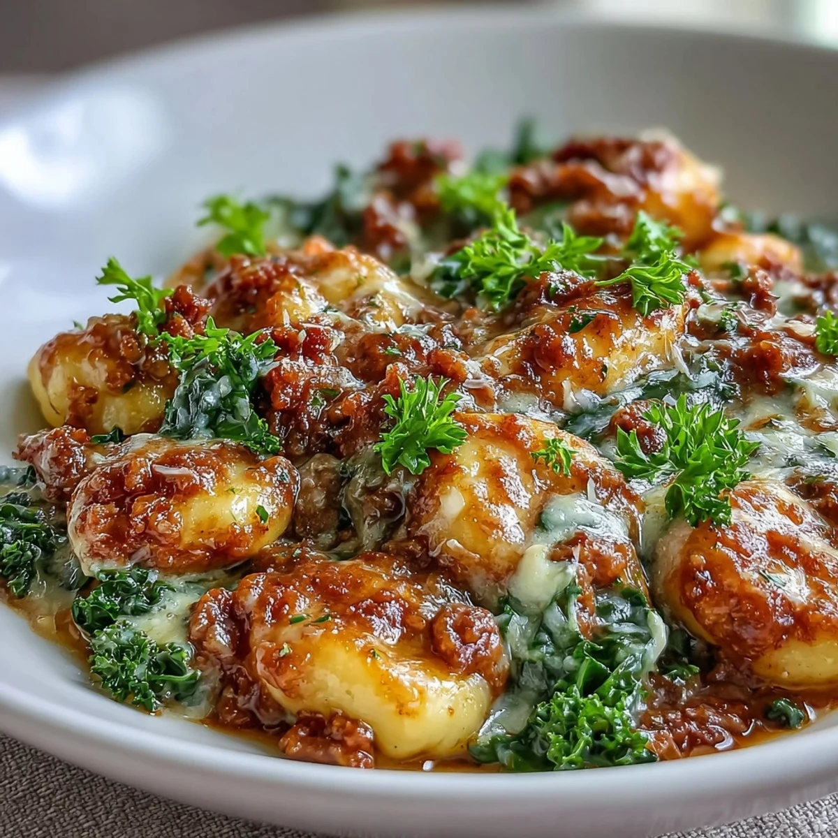 Steaming bowl of Sausage Gnocchi with Kale served with a side of crusty bread.