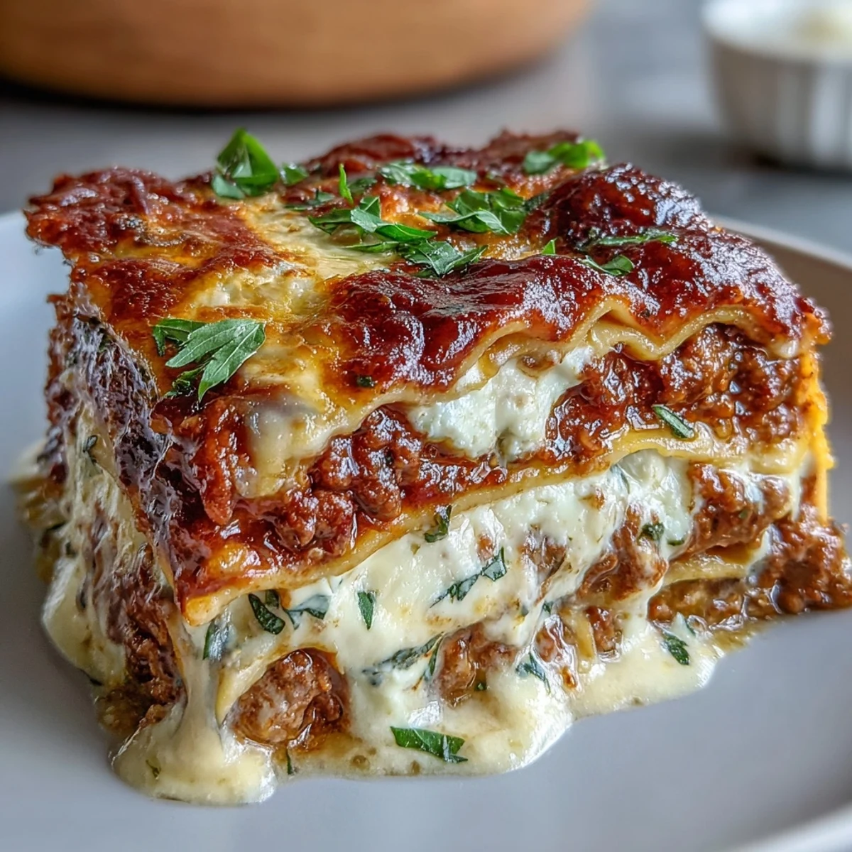 Close-up of the World's Best Lasagna showing steam rising from melted mozzarella and a hearty meat and cheese filling.