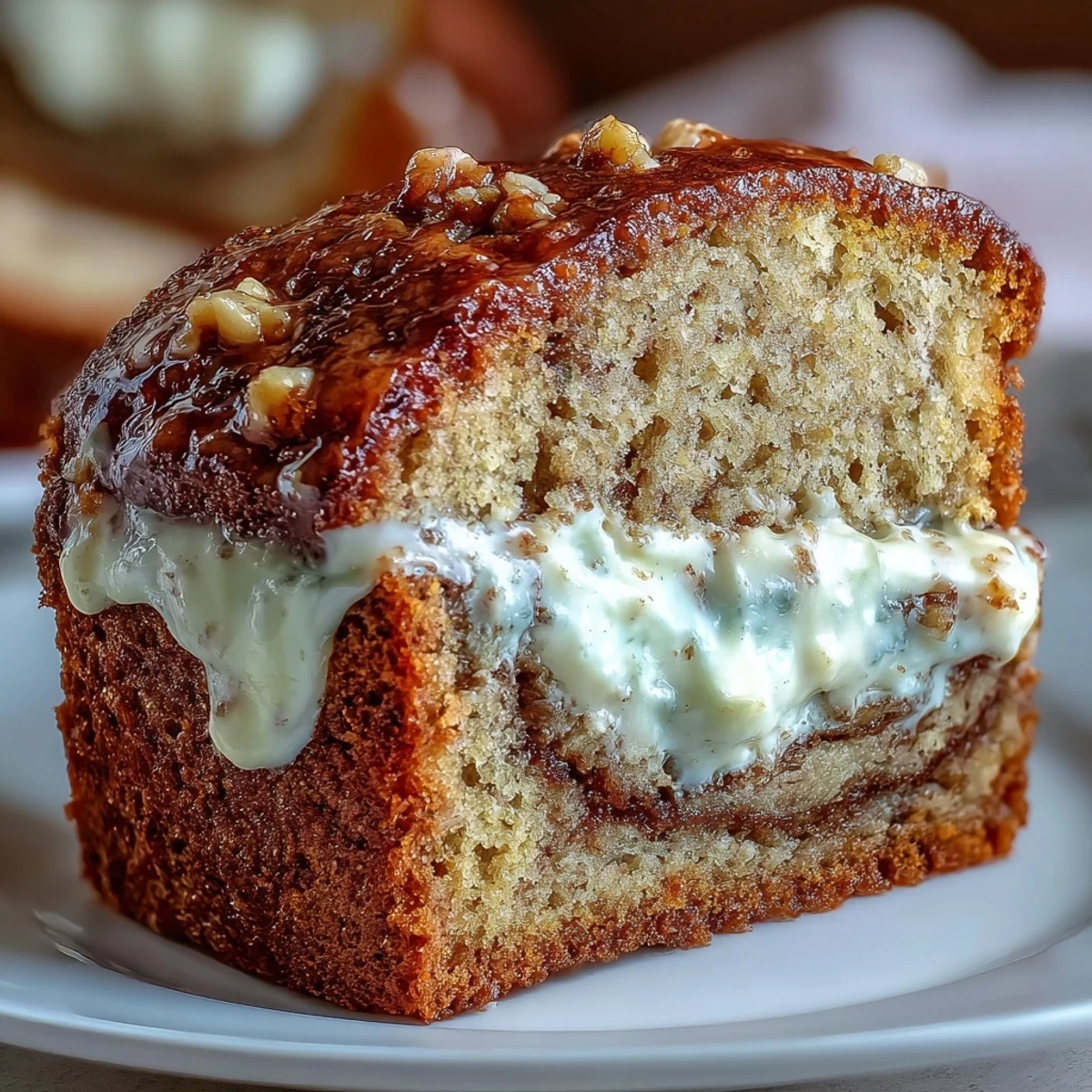 Moist Cream Cheese Cinnamon Swirl Banana Bread on a rustic table with a glass of milk and sliced bananas, American breakfast style.