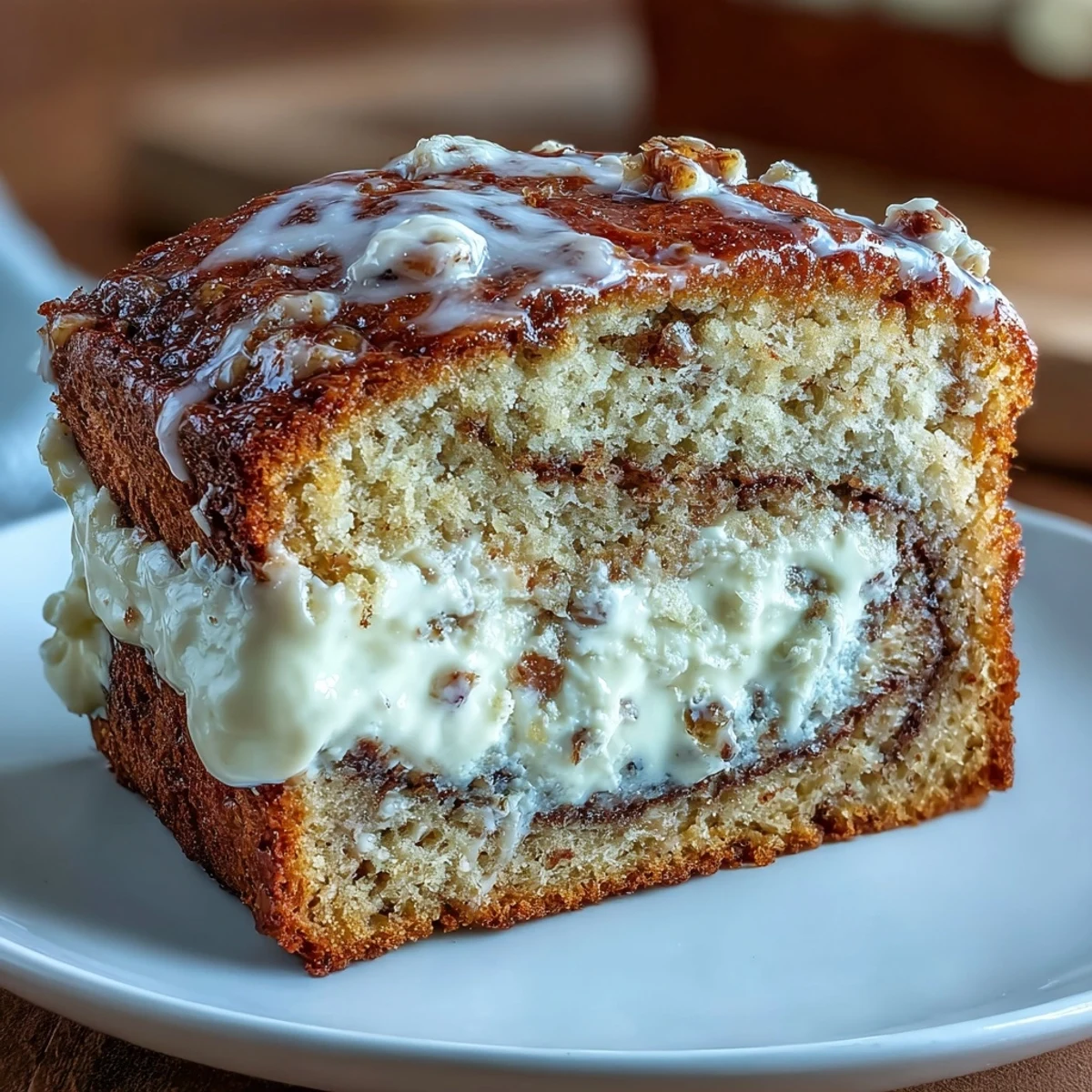 Warm slice of Cream Cheese Cinnamon Swirl Banana Bread served on a white plate with coffee, perfect for snacking or dessert.