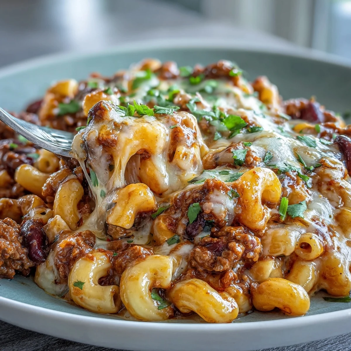 Creamy One-Pan High Protein Chili Mac with ground beef and melted cheddar in a skillet, topped with green onions and sour cream.