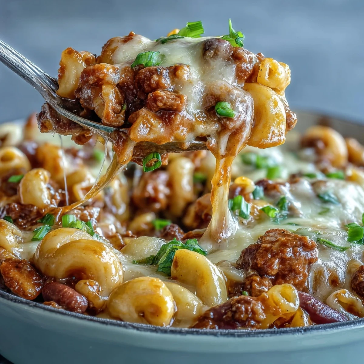 A hearty bowl of One-Pan High Protein Chili Mac with beans and shredded cheese, served with tortilla chips for a satisfying dinner.