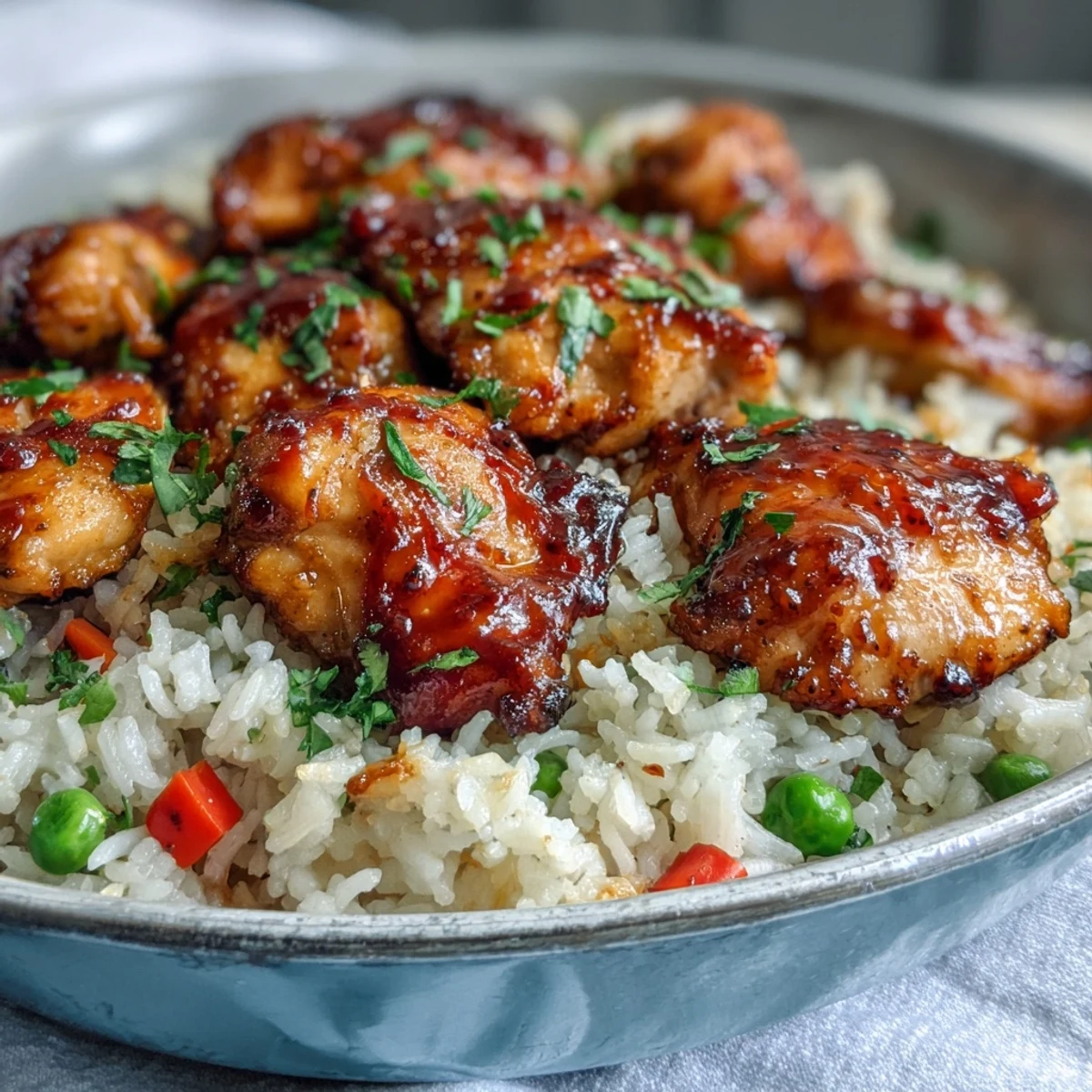 Family-style One-Pan Bold Honey BBQ Chicken Rice ready to serve, garnished with fresh herbs and colorful bell peppers.