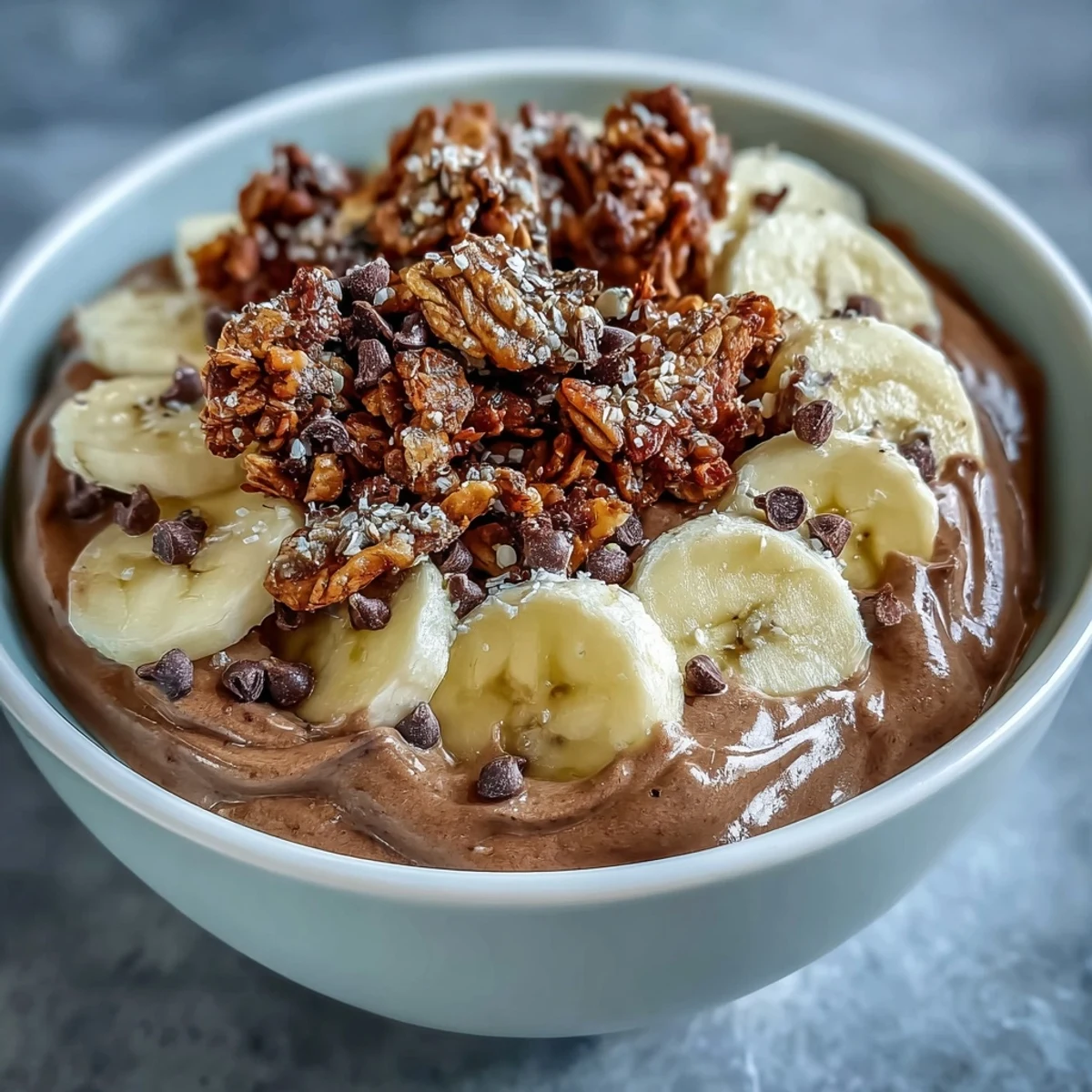 Chunky Monkey smoothie bowls filled with rich chocolate and peanut butter, topped with banana slices and crunchy granola.