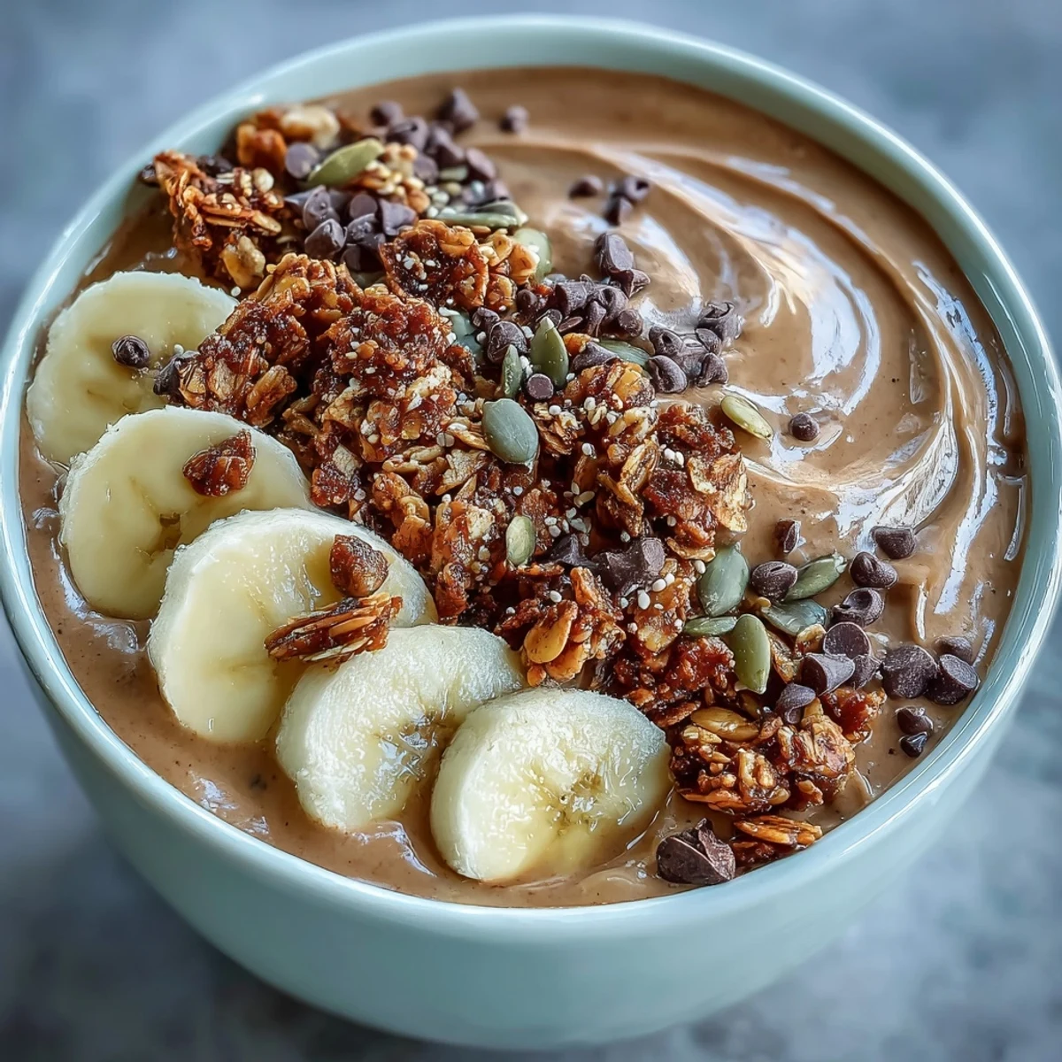 A thick and creamy Chunky Monkey smoothie bowl garnished with hemp seeds, cacao nibs, and maple granola for breakfast.