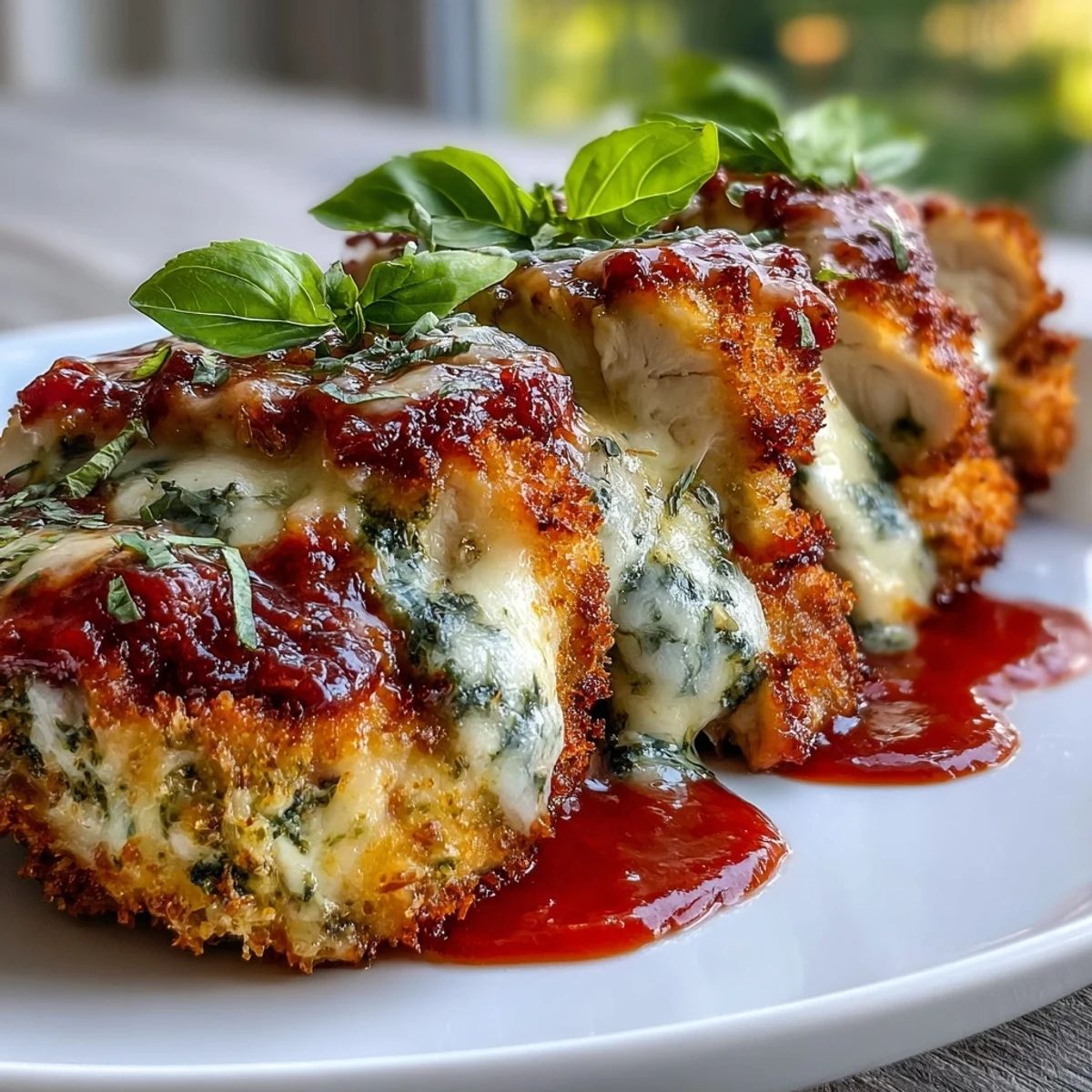 Golden-brown breaded chicken breasts topped with marinara and melty mozzarella, finished with fresh pesto and Parmesan for an Italian-American weeknight dinner.