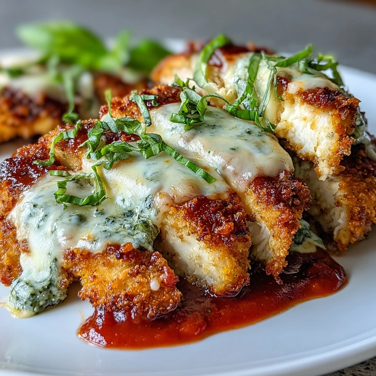 Freshly baked Pesto Chicken Parmesan in a dish, vibrant green pesto under rich tomato sauce and golden, bubbly mozzarella topping.