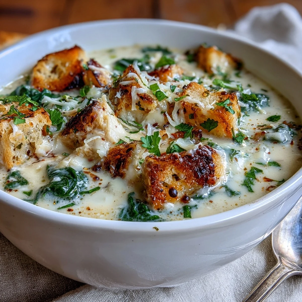 A bowl of creamy Garlic Parmesan Chicken Soup garnished with parsley and extra Parmesan cheese, steam rising from the velvety broth.