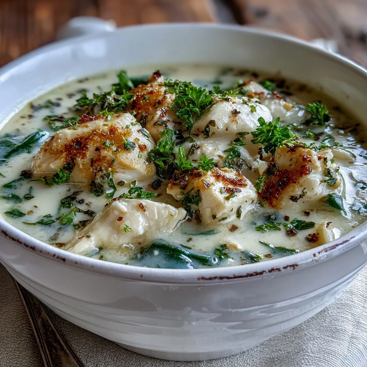 Garlic Parmesan Chicken Soup with tender chicken cubes and wilted spinach, served hot with a side of crusty bread for dipping.