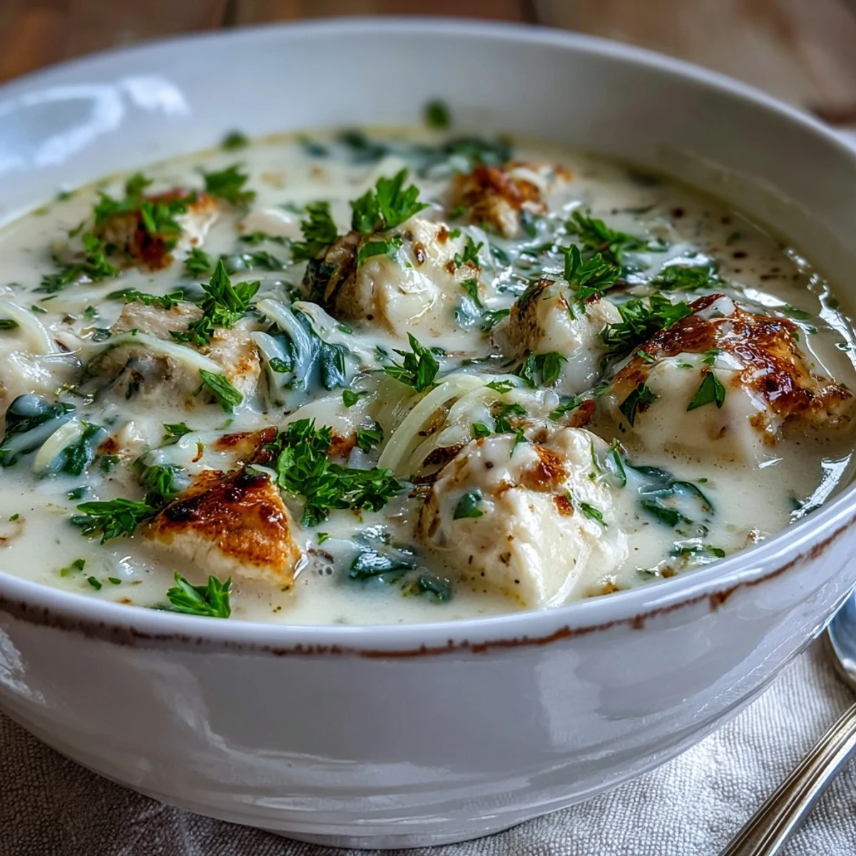 Hearty Garlic Parmesan Chicken Soup in a rustic bowl, topped with fresh parsley and grated Parmesan, a perfect cozy dinner idea.