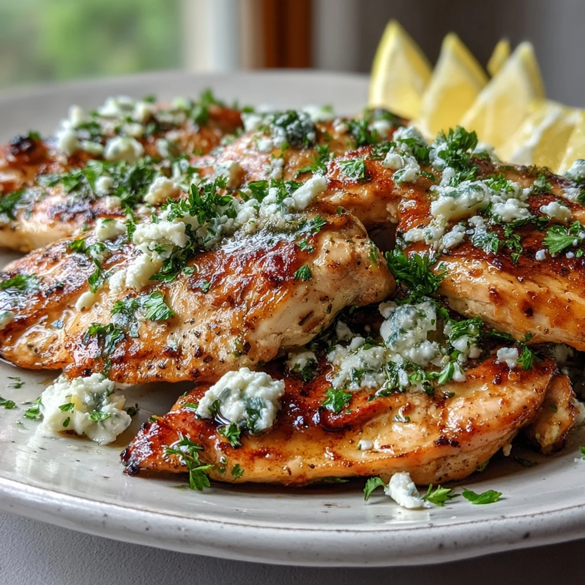 Golden-brown Greek Chicken with Lemon and Feta garnished with fresh parsley and lemon wedges on a rustic plate.