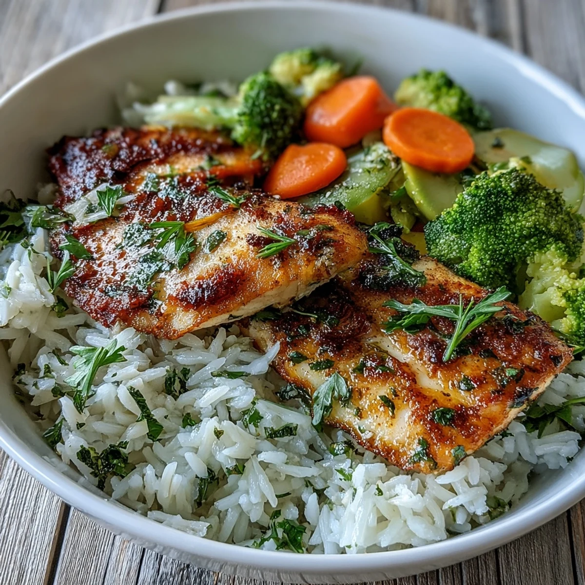 Freshly baked tilapia bowl with herb-seasoned fish, fluffy white rice, and vibrant steamed broccoli and carrots.