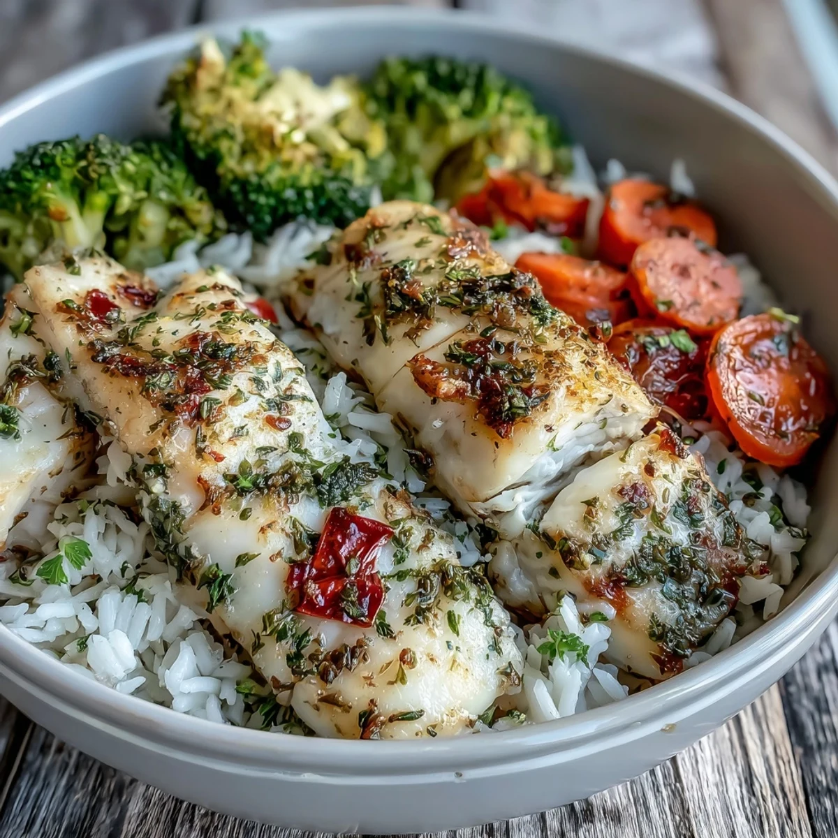 Golden herb-crusted tilapia over fluffy rice with steamed broccoli and carrots in a wholesome gluten-free bowl.