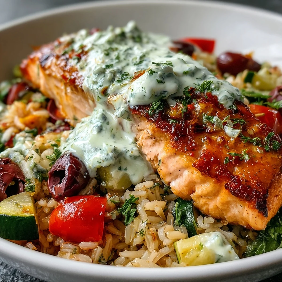 Enjoy this Crispy Rice Salmon Bowl garnished with fresh dill, ready for a Mediterranean-inspired family dinner.