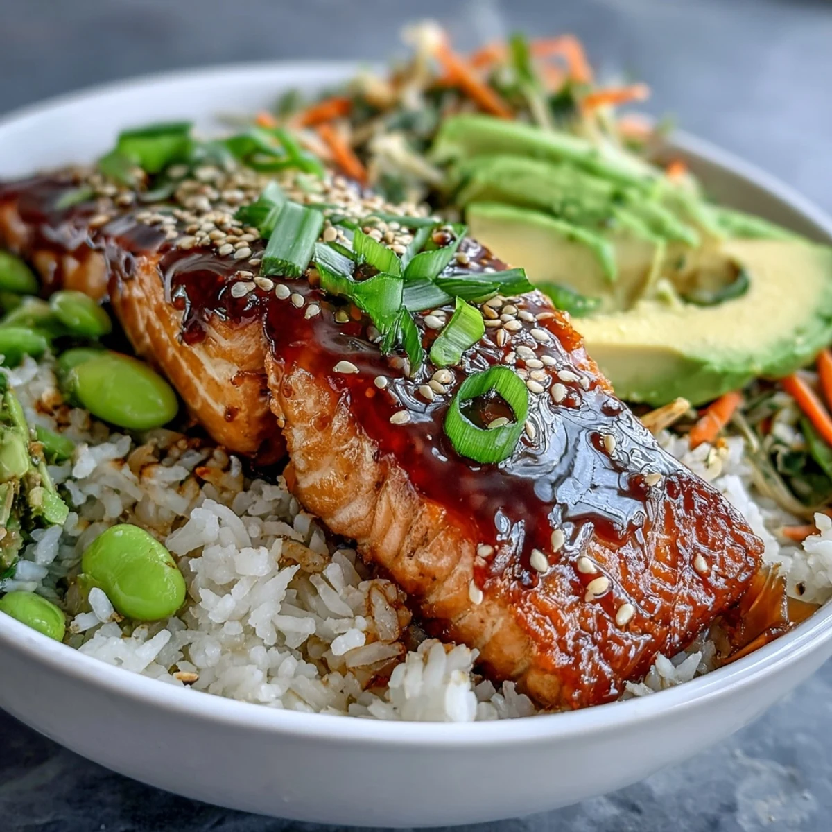 Golden-brown soy ginger salmon fillets glazed and resting atop fluffy white rice with crisp, vibrant Asian vegetables.