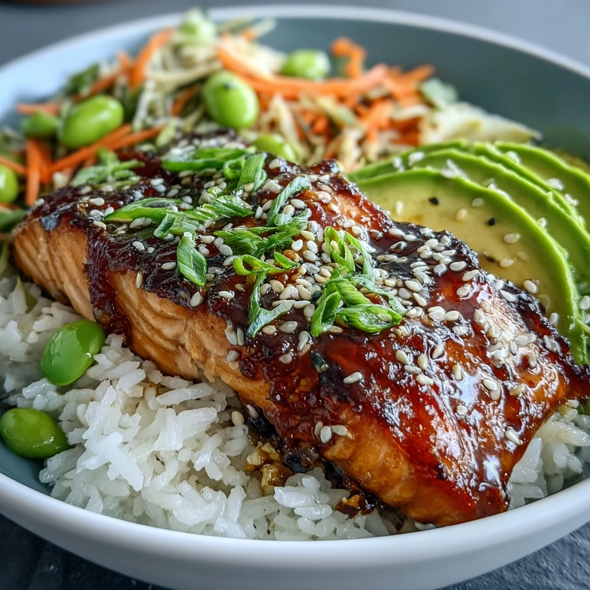 Healthy soy ginger salmon bowl with steamed rice and stir-fried veggies, ready to serve for a quick dinner.