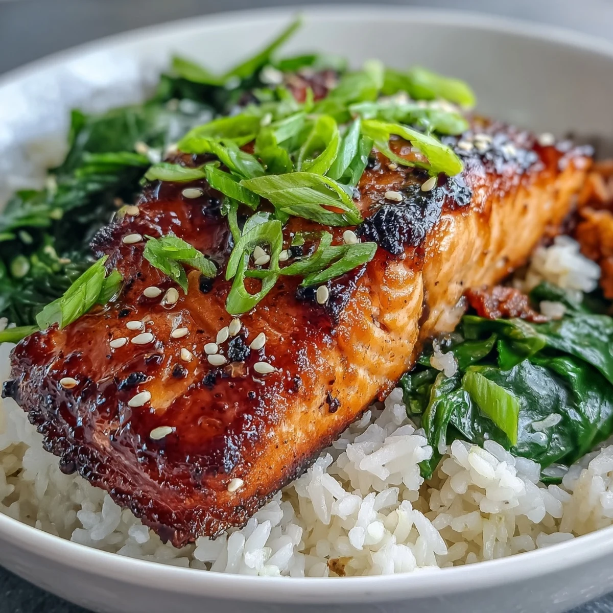 Glazed Miso Glazed Salmon Bowl with jasmine rice and sautéed spinach topped with green onions and sesame seeds.