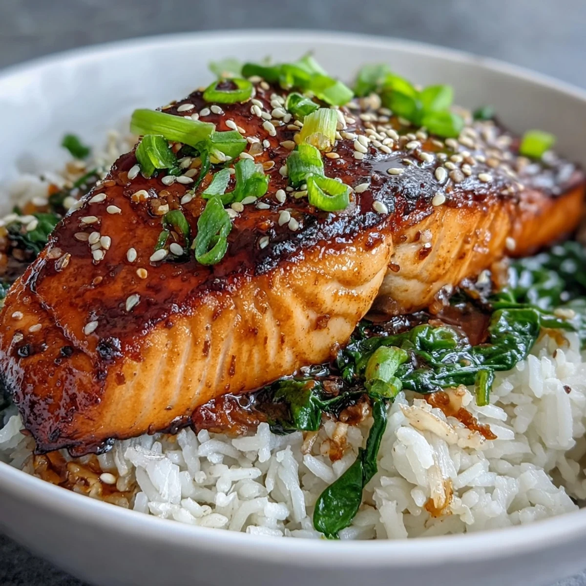 Steam rises from a Miso Glazed Salmon Bowl featuring tender fish, ginger spinach, and fluffy rice, ready for dinner.