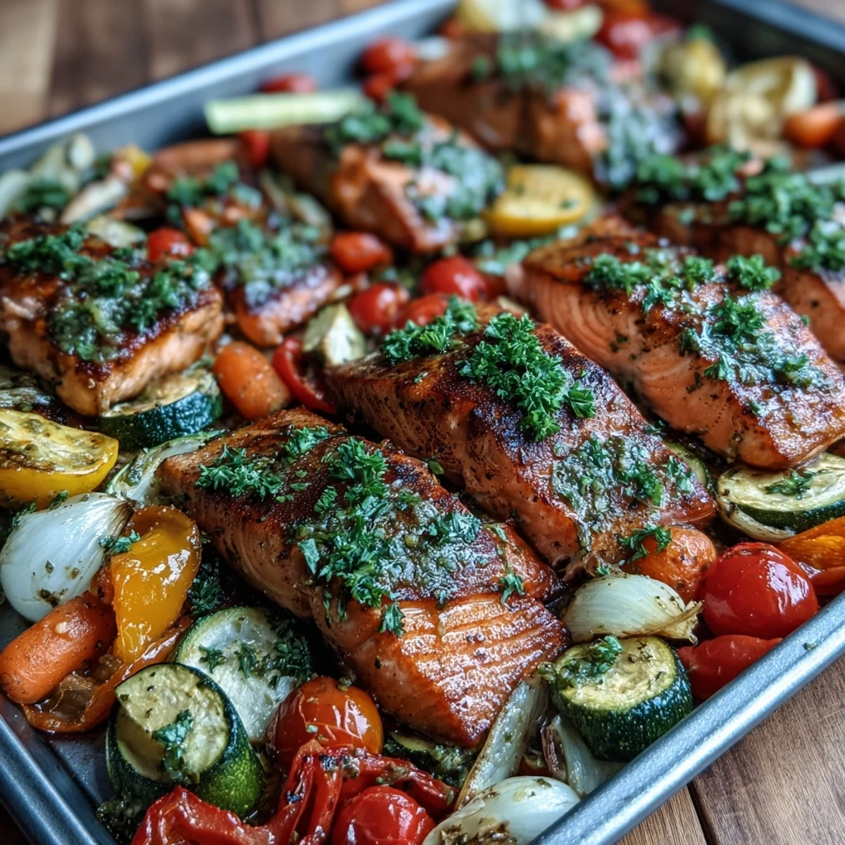 Freshly roasted Sheet Pan Salmon and Veggies Bowl garnished with parsley and lemon wedges, served ready to eat.