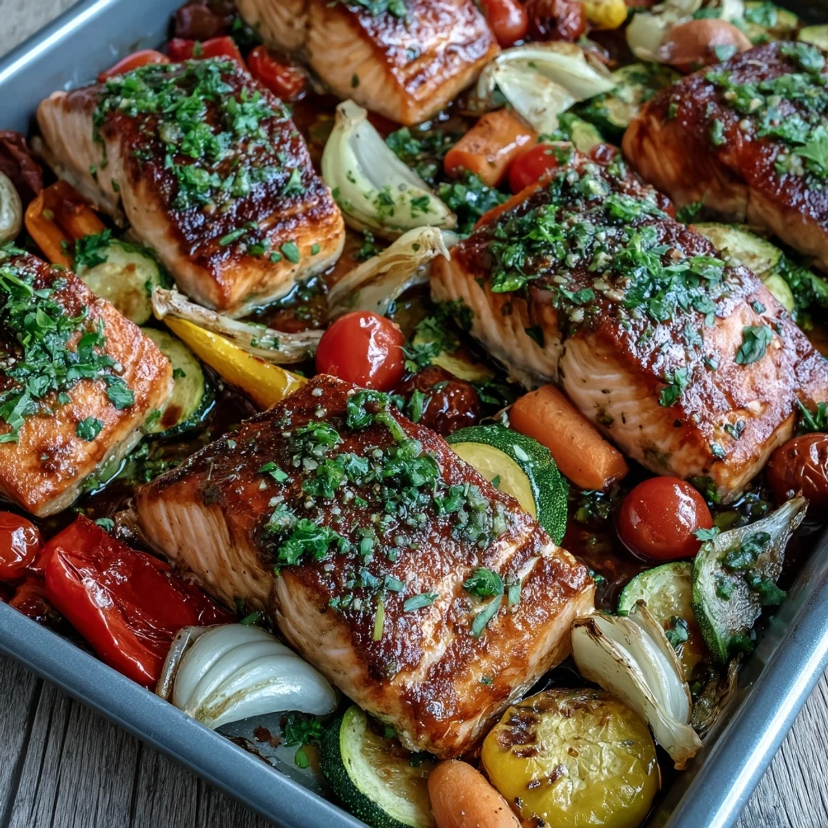 Golden-brown roasted salmon fillets and colorful bell peppers on a sheet pan for an easy weeknight Sheet Pan Salmon and Veggies Bowl.