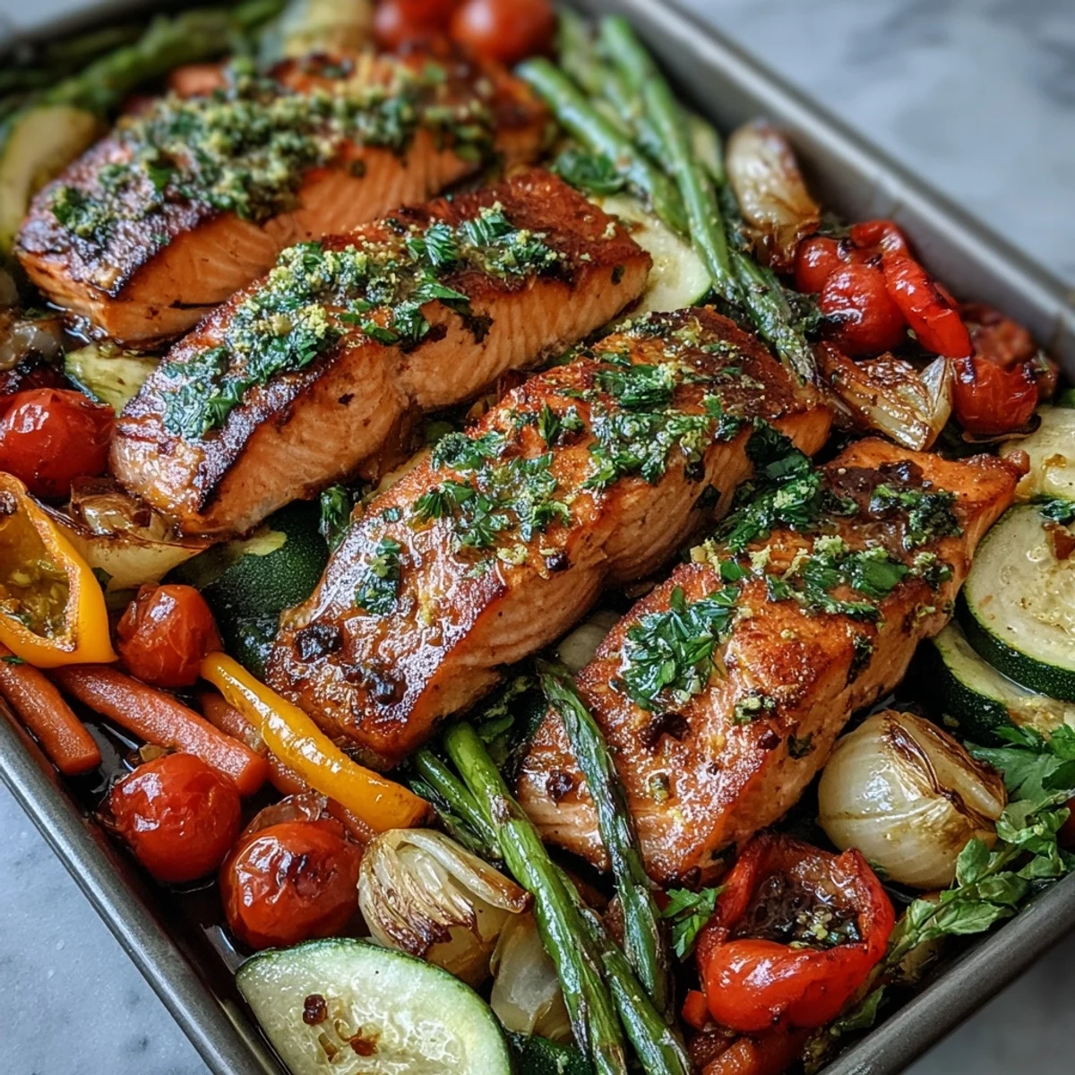 Flaky, perfectly cooked salmon nestled with caramelized vegetables in a healthy, one-pan Sheet Pan Salmon and Veggies Bowl.