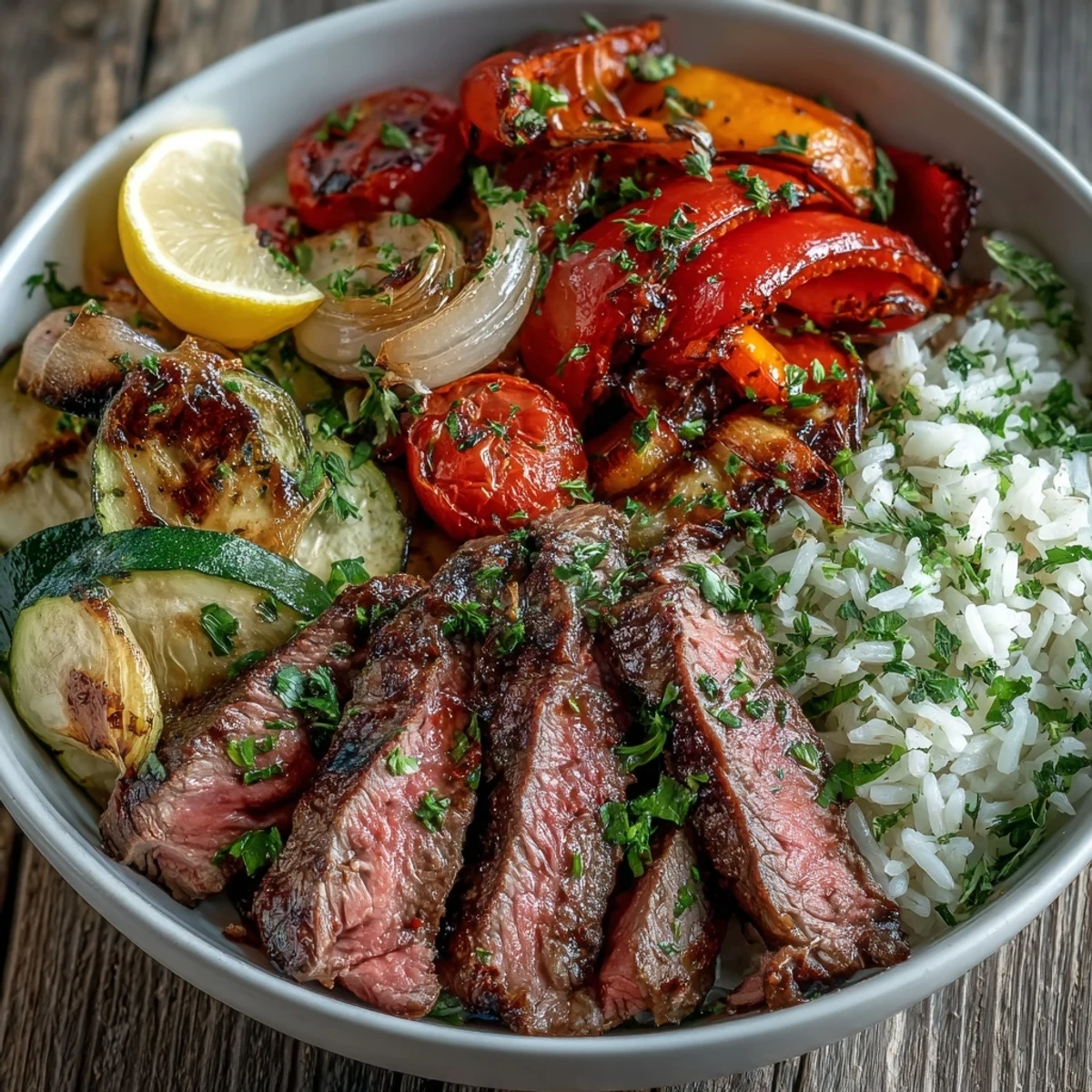 Juicy grilled steak, colorful roasted peppers and zucchini, and fluffy rice piled high in a Sheet Pan Steak and Veggie Bowl.