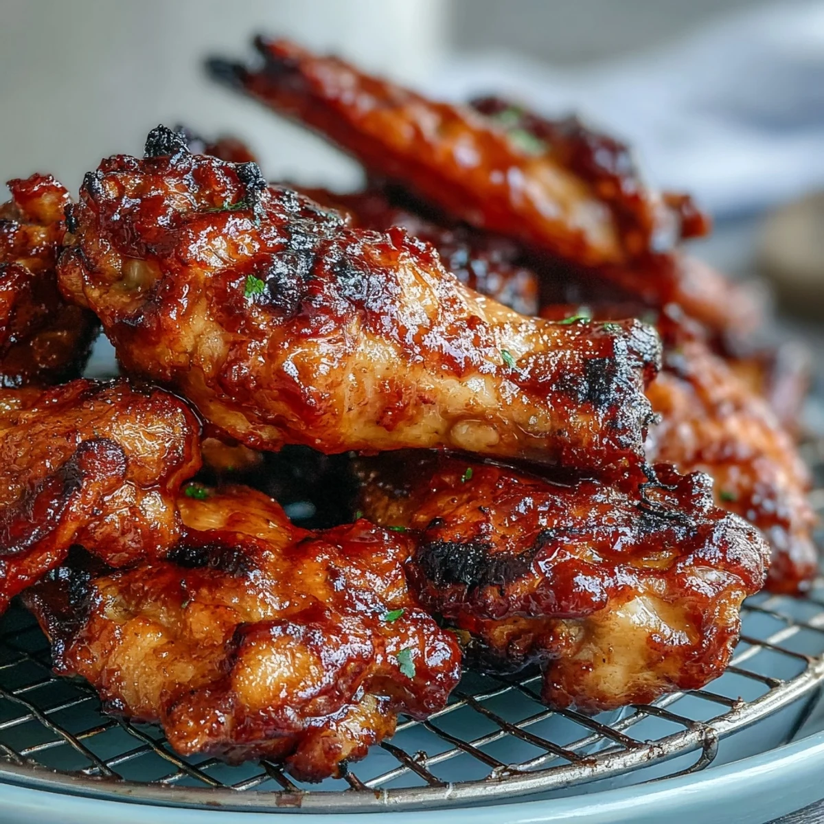 Golden Guava BBQ Glazed Chicken Wings fresh from the oven, glistening with sticky, sweet and smoky sauce on a wire rack.