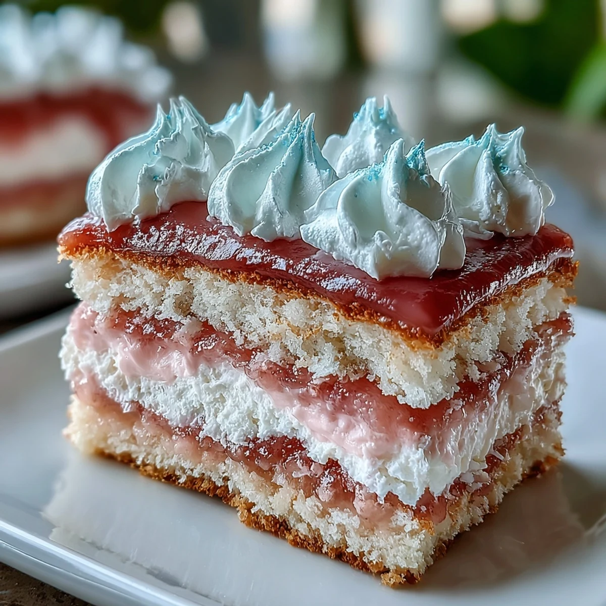 Freshly baked Homemade Brazo Gitano roll showcases vibrant guava filling through fluffy meringue peaks.