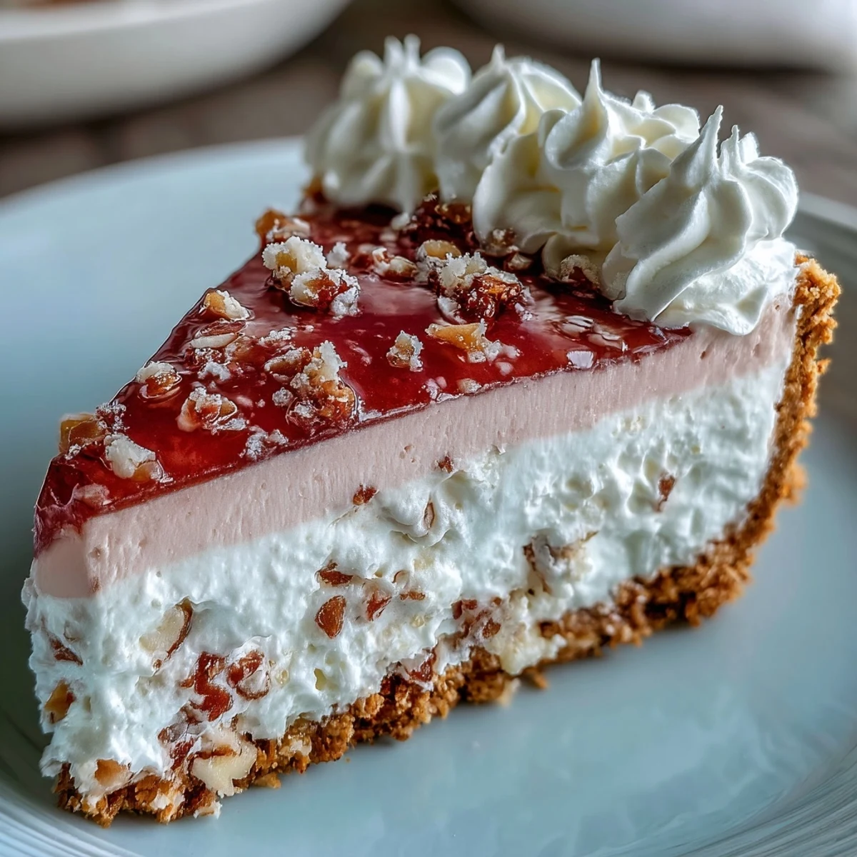 Freshly baked Guava Cloud Pie with a golden macadamia nut crust and pillowy whipped cream topping, ready to serve.