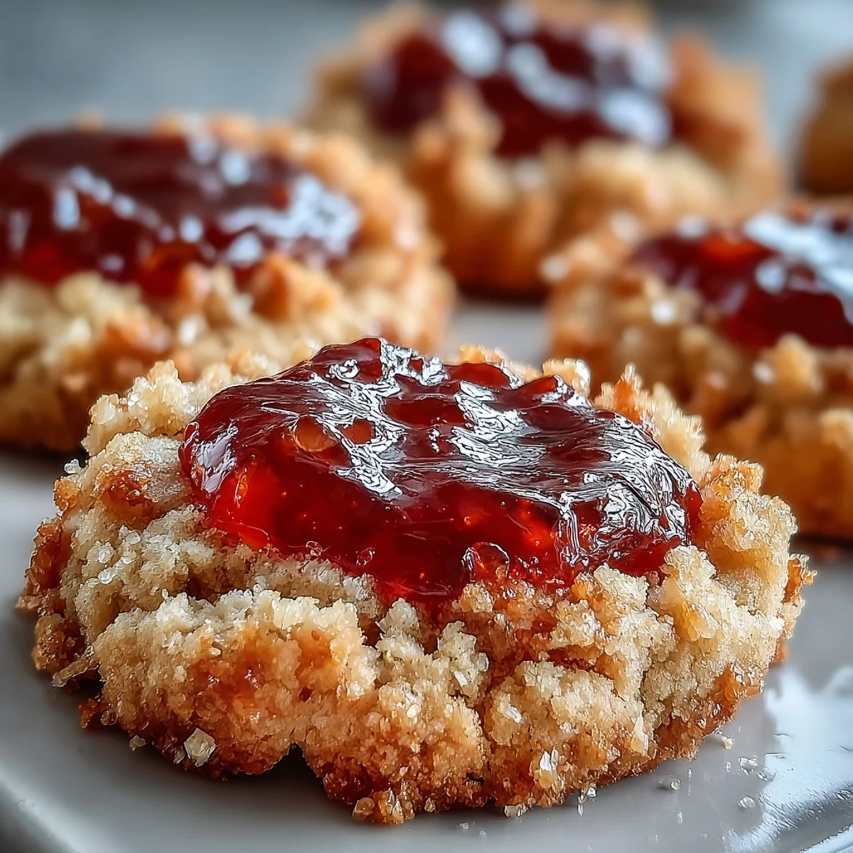 Golden-brown Guava Jam Thumbprint Cookies are cooling on a wire rack, their jam centers glistening.