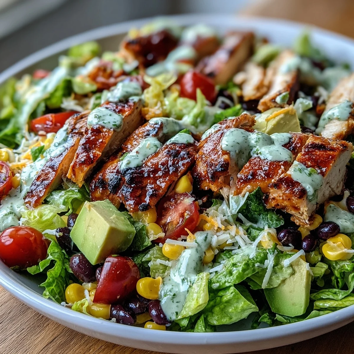 Freshly grilled chicken slices rest atop chopped romaine in the High Protein Southwest Chicken Salad, garnished with black beans and corn.