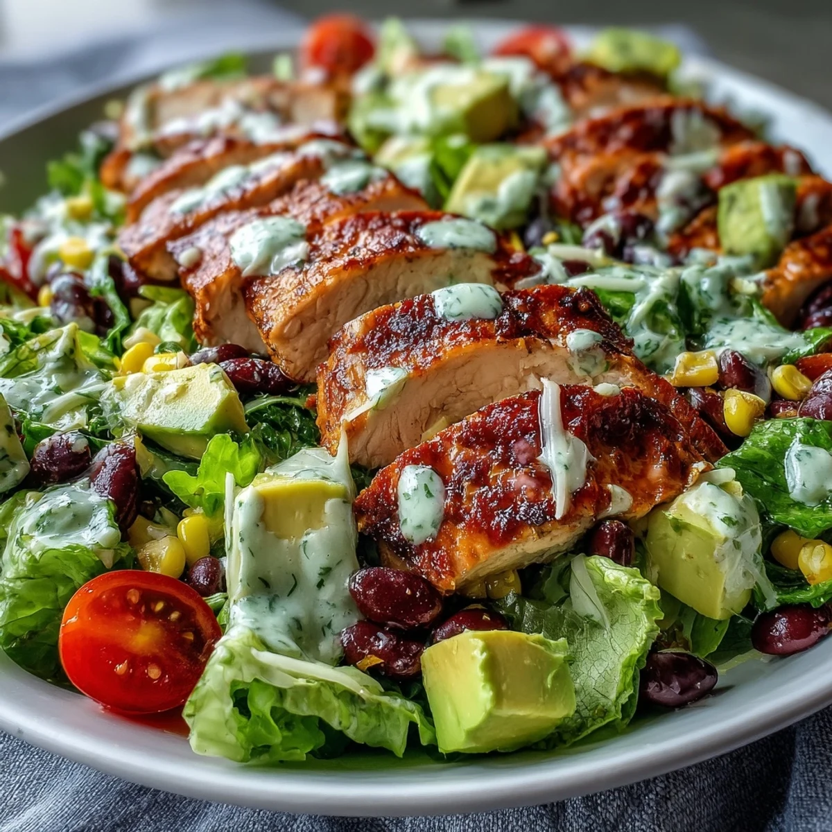 Plated High Protein Southwest Chicken Salad with cherry tomatoes and cheddar cheese, ready to serve as a healthy lunch.