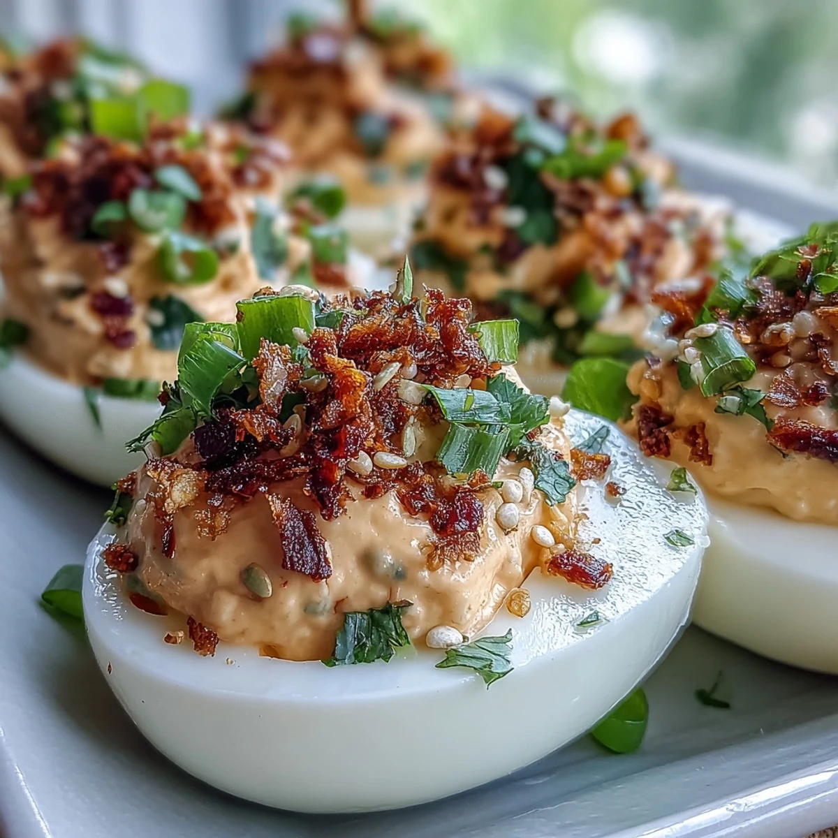Spicy Chili Garlic Deviled Eggs garnished with fresh cilantro and toasted sesame seeds, perfect for a party appetizer.