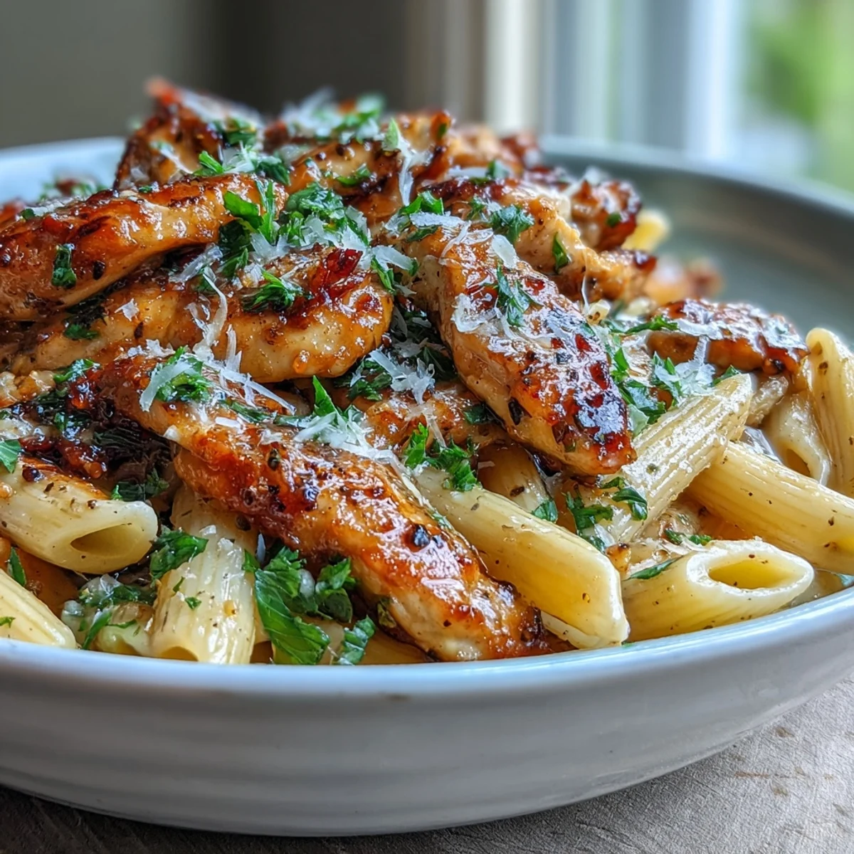 Overhead view of Honey Pepper Chicken Pasta in a white bowl, showcasing al dente fusilli tossed with tender chicken, a drizzle of honey, and a sprinkle of black pepper.
