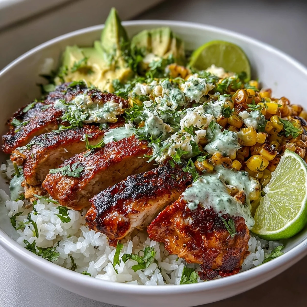 A vibrant Street Corn Chicken Rice Bowl with charred corn, sliced avocado, and creamy sauce drizzled over fluffy rice.